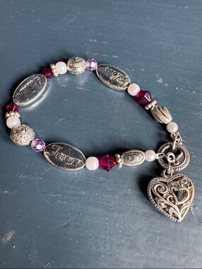 Sterling-Style 'Forever' Heart Charm Bracelet in Pink and Plum
